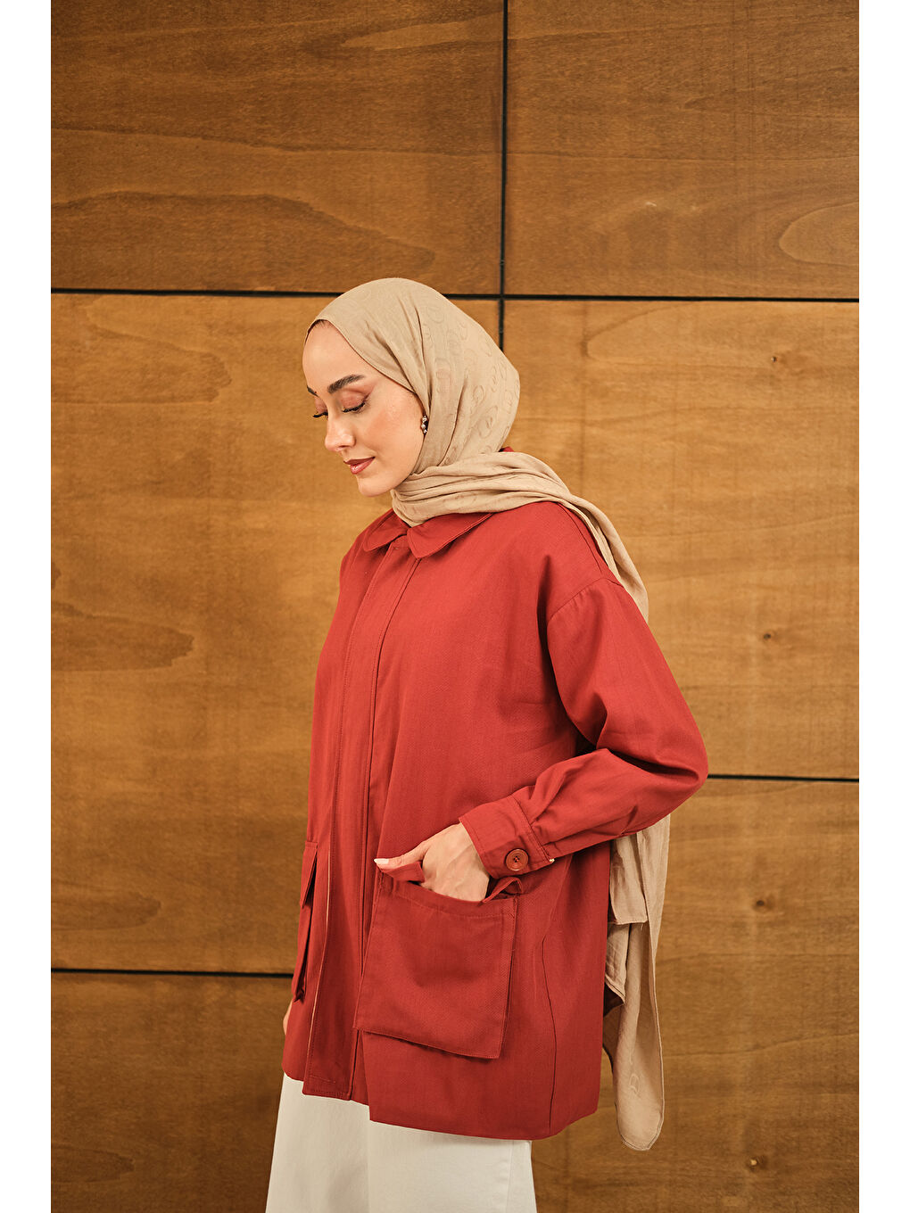 Kahverengi Kadın Fermuarlı Gabardin Ceket Kiremit-2