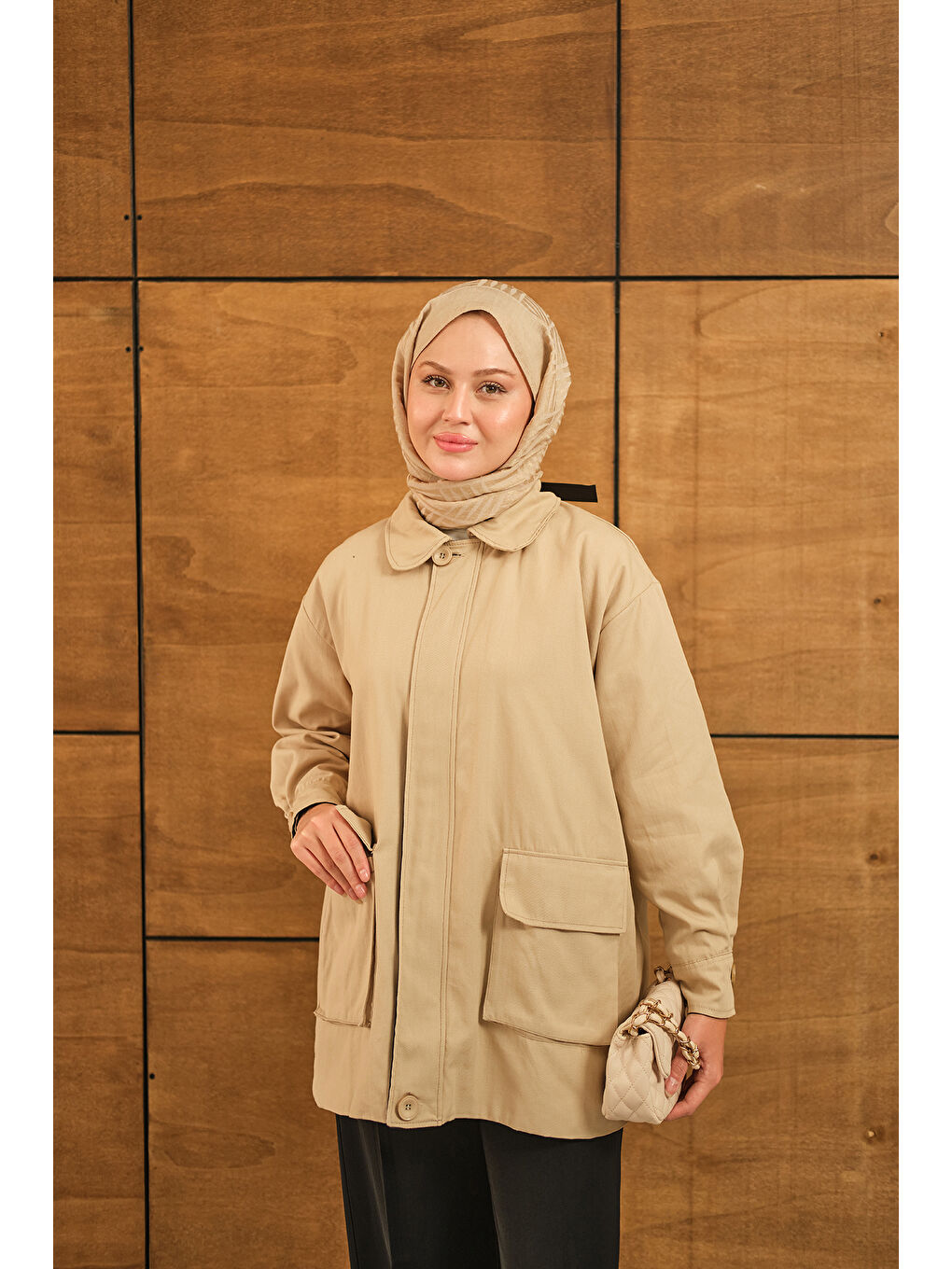 Bej Kadın Fermuarlı Gabardin Ceket Taş-2