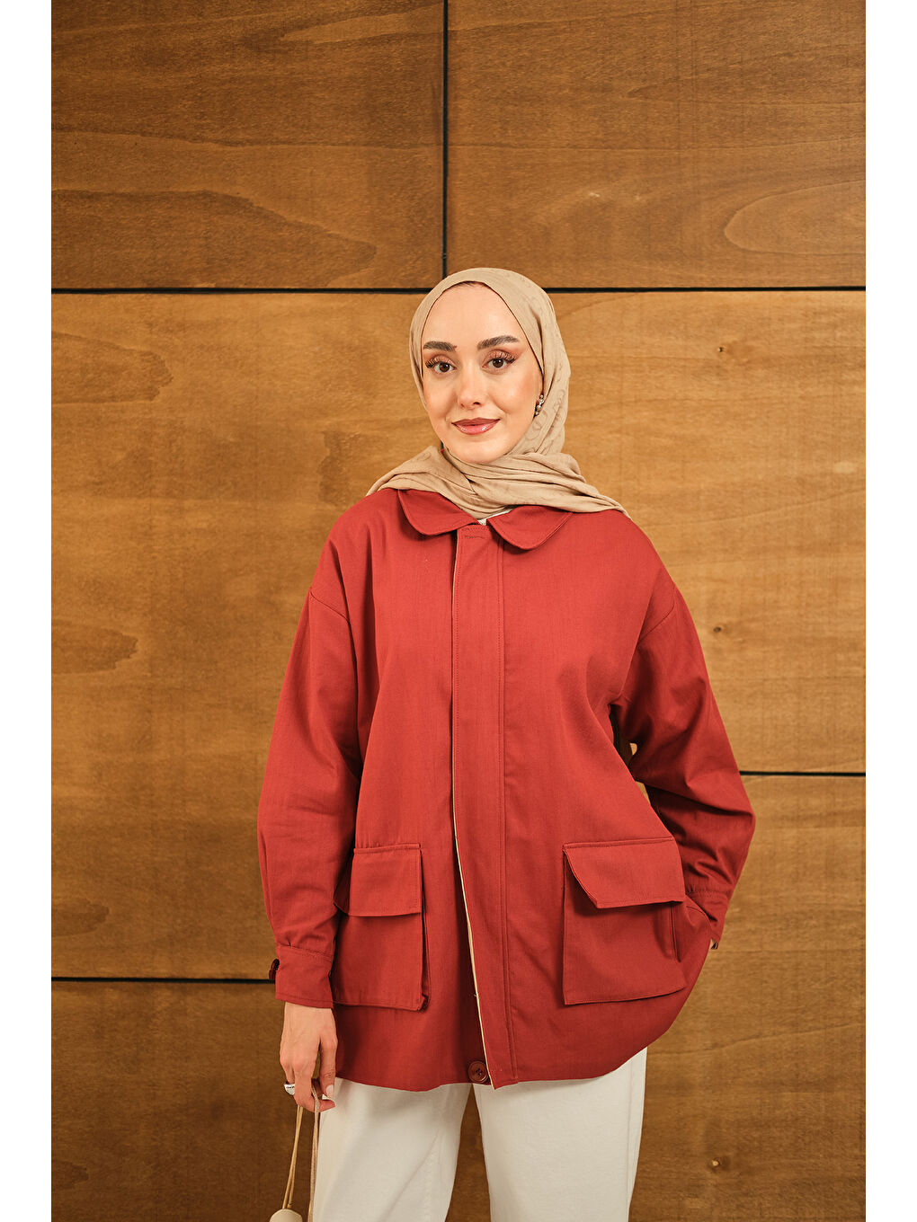 Kahverengi Kadın Fermuarlı Gabardin Ceket Kiremit-3