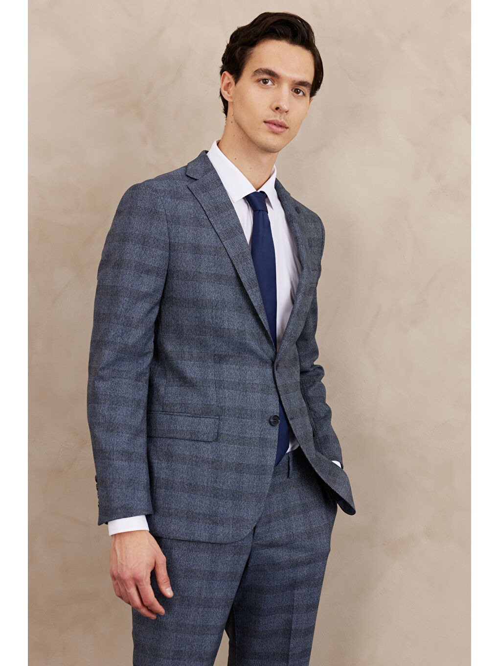 Erkek Mavi Slim Fit Dar Kesim Mono Yaka Ekose Desenli Çift Pantolonlu Takım Elbise