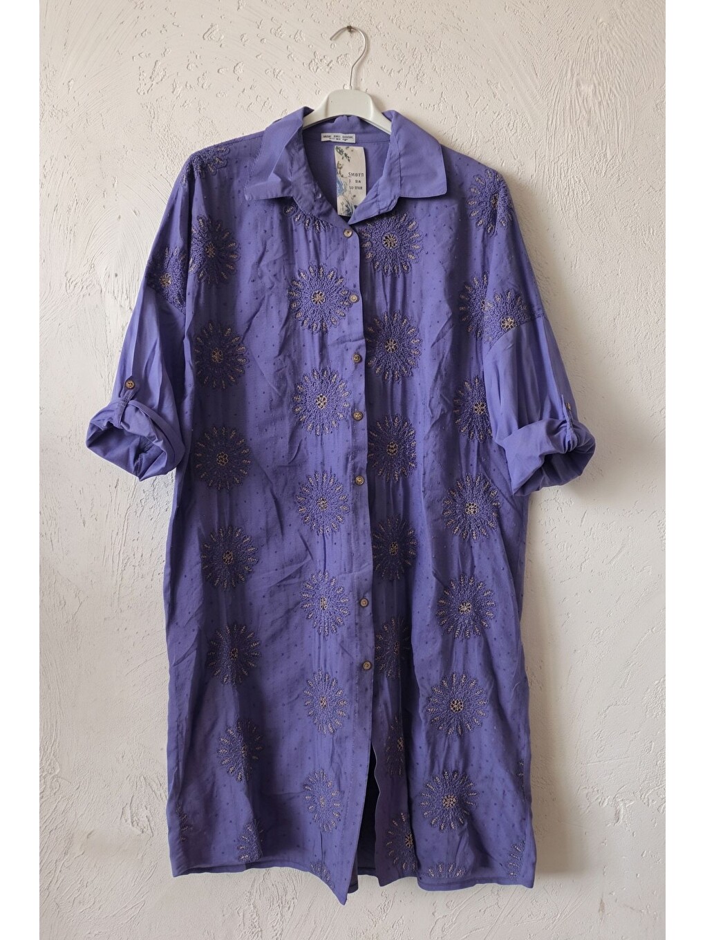 İtalyan Mor Gömlek Yaka Düğmeli 3/4 Kol Önü Nakışlı Casual Pamuklu Dokuma Elbise 110 65-6