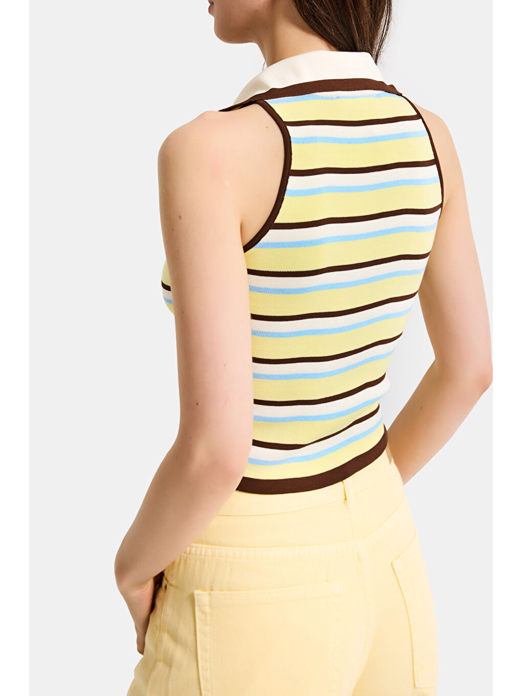 Kadın Sarı Çizgili s6-108 Crop Fit Polo Yaka İnce Yazlık Triko Body-3