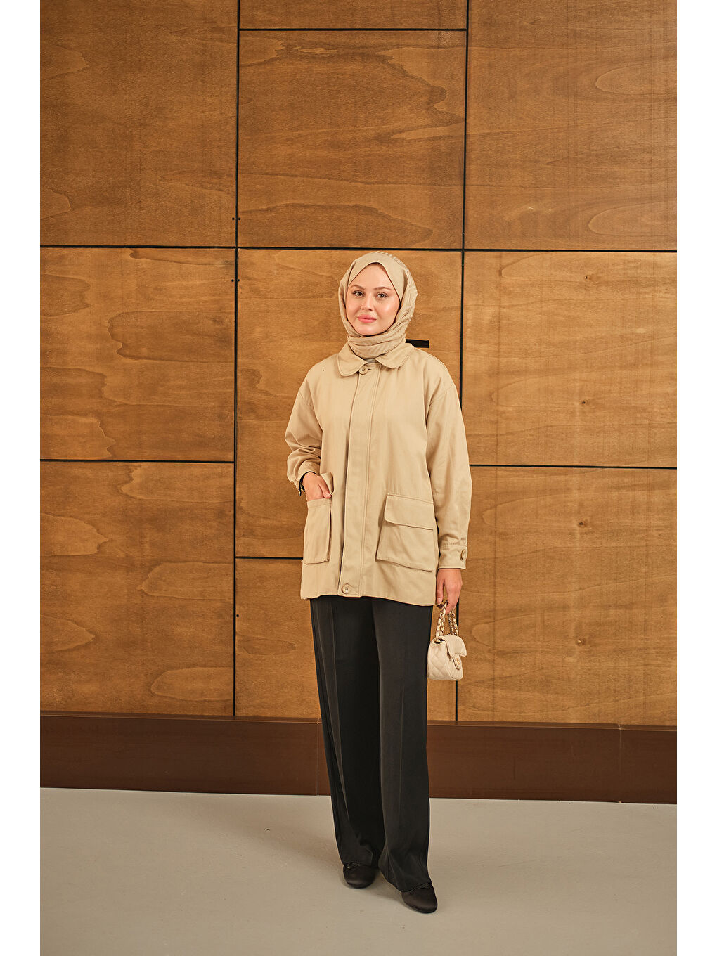 Bej Kadın Fermuarlı Gabardin Ceket Taş-4