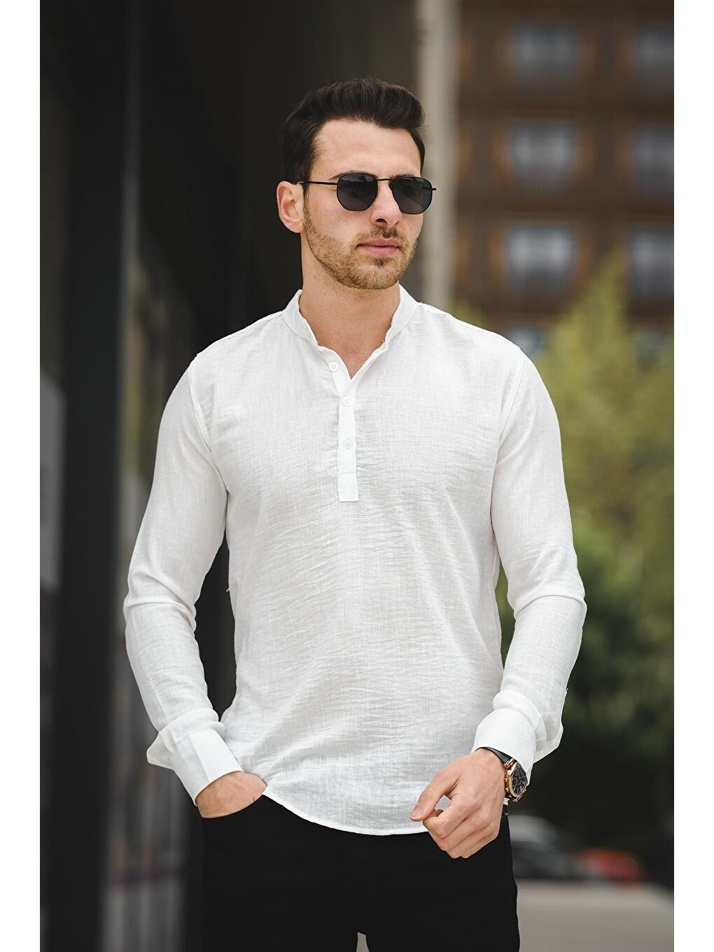 Beyaz Zareh Slim Fit Kırınkıl Desen Yarım Pat Hakim Yaka Erkek Gömlek-1