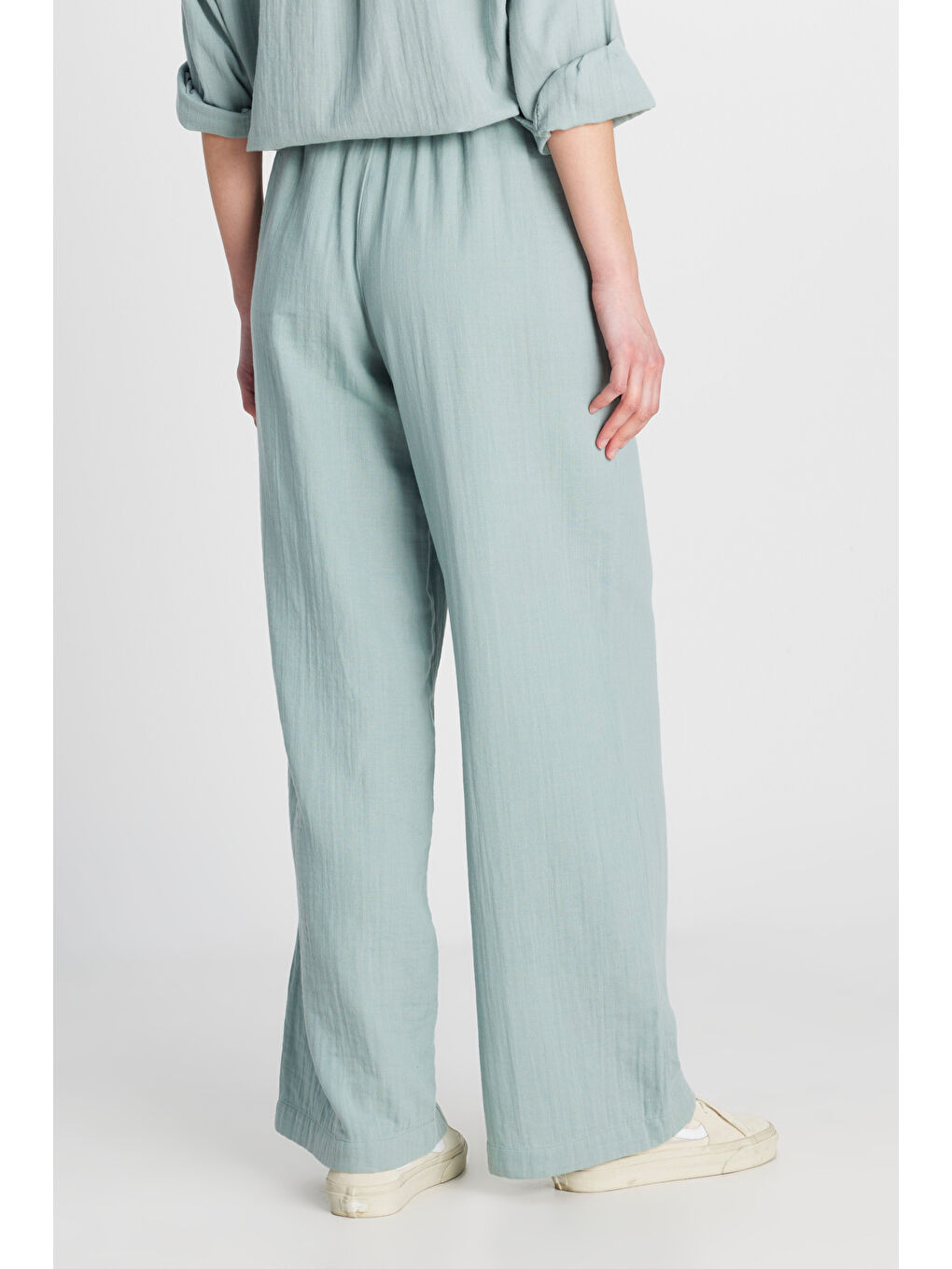 %100 Pamuk Regular Fit Normal Kesim Yüksek Bel Geniş Paça Müslin Desenli Yeşil Pantolon-3