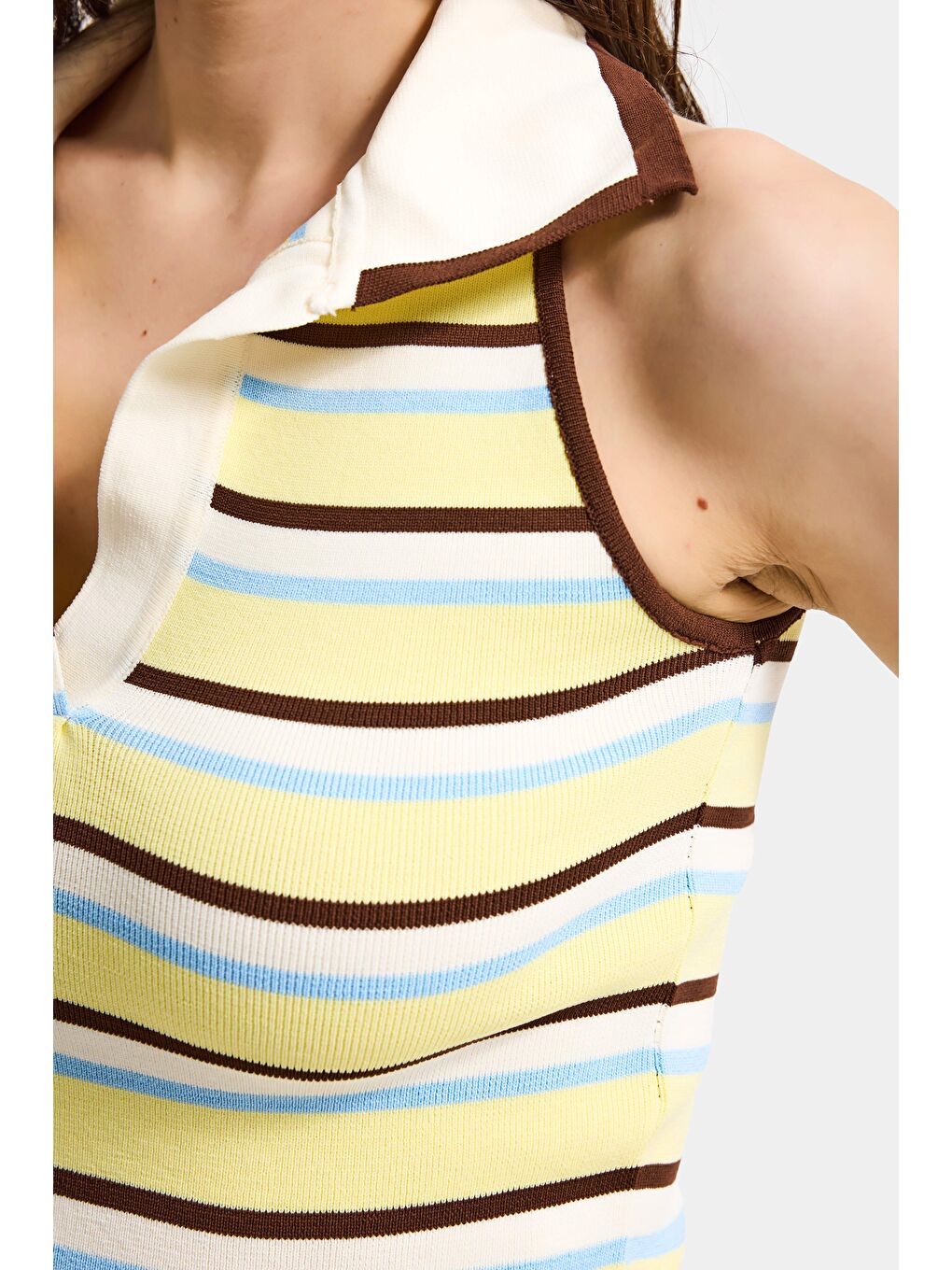 Kadın Sarı Çizgili s6-108 Crop Fit Polo Yaka İnce Yazlık Triko Body-4
