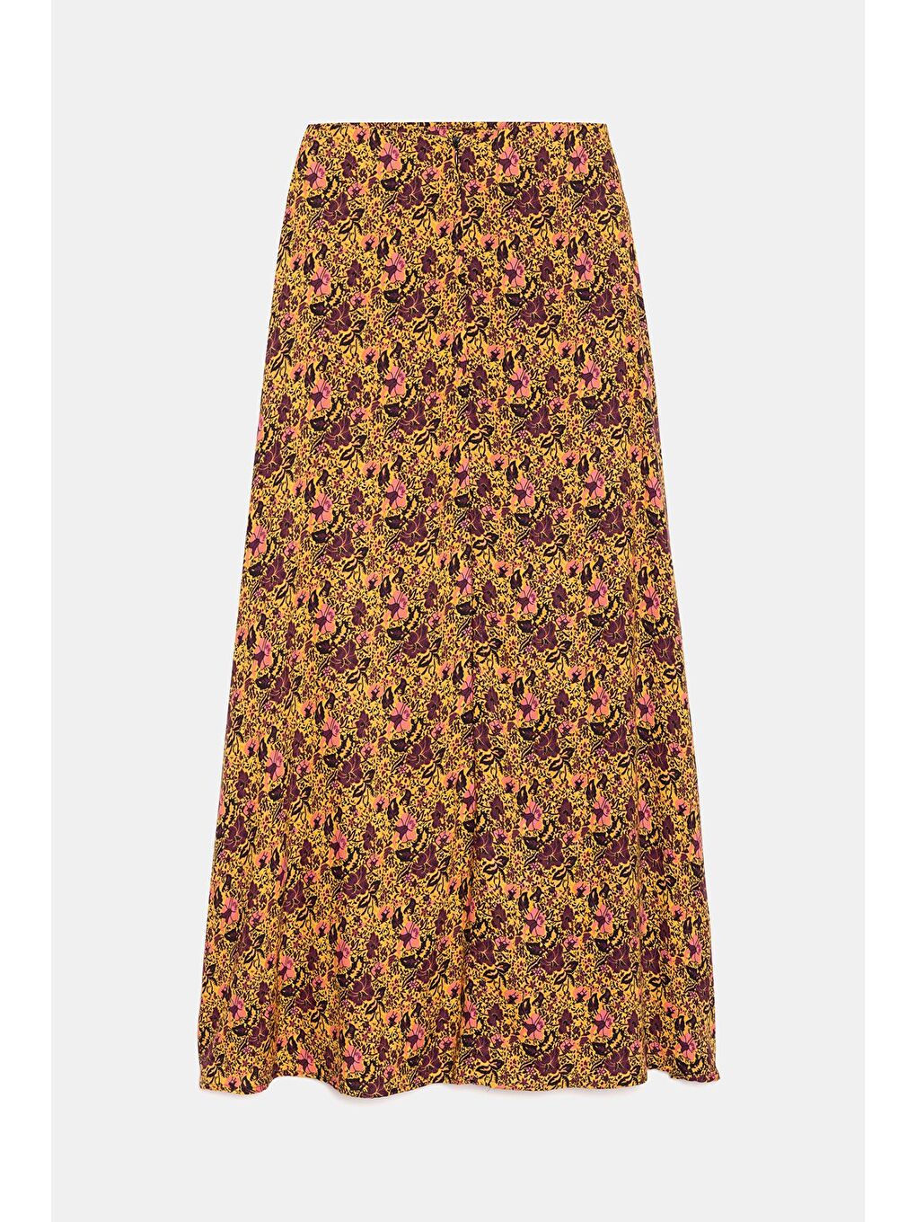 Sarı Çiçekli Kadın A Kesim Normal Bel Çiçek Desenli Midi Dokuma Etek - Viskon-4