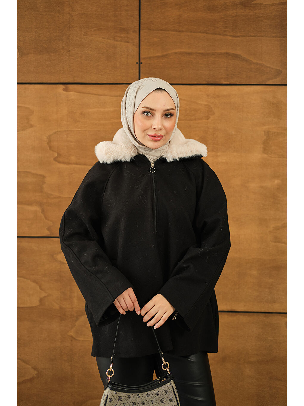 Kadın Pelüş Yaka Ceket Siyah-4