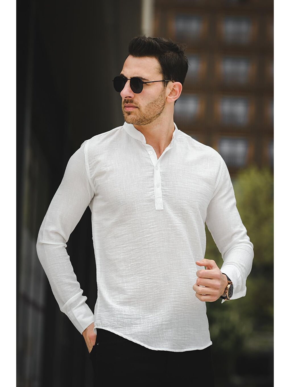 Beyaz Zareh Slim Fit Kırınkıl Desen Yarım Pat Hakim Yaka Erkek Gömlek-2