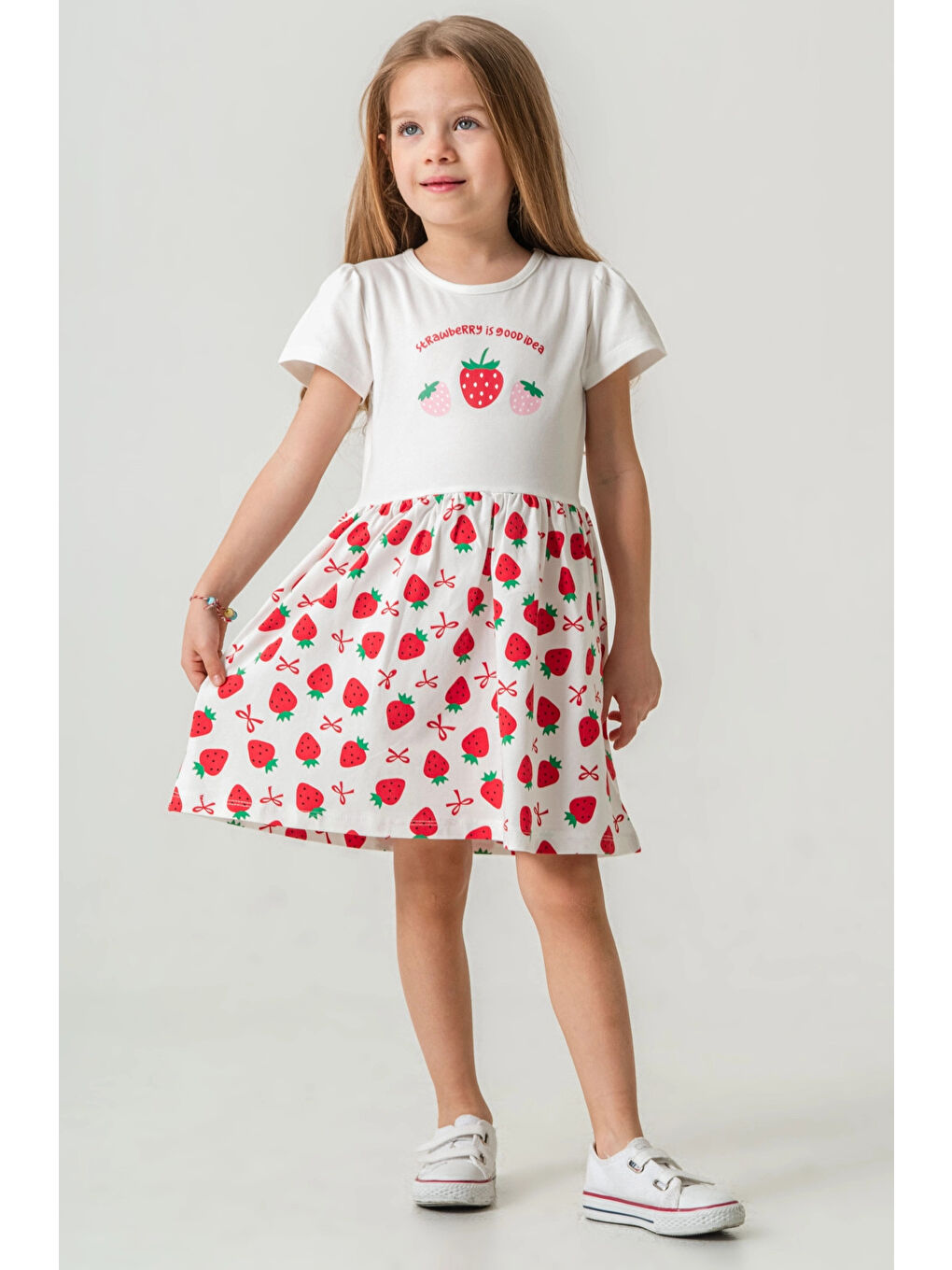 Ekru Çilek Baskılı Kız Çocuk Elbise 50973