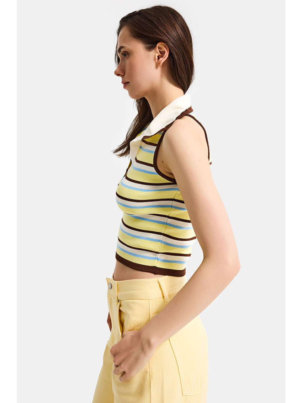 Kadın Sarı Çizgili s6-108 Crop Fit Polo Yaka İnce Yazlık Triko Body-6