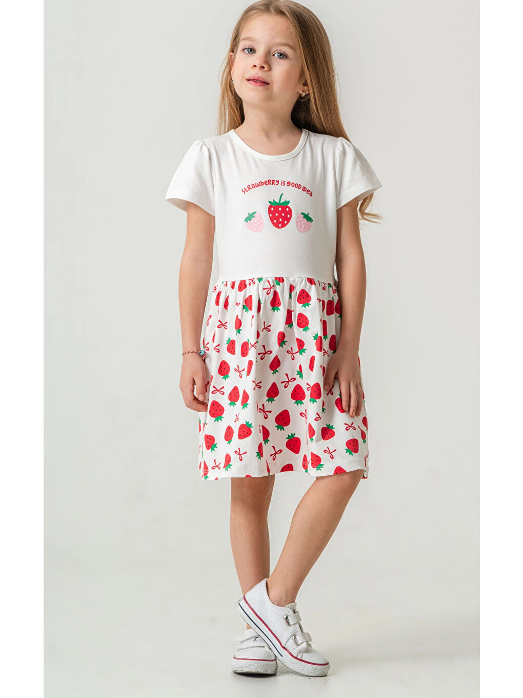 Ekru Çilek Baskılı Kız Çocuk Elbise 50973-1