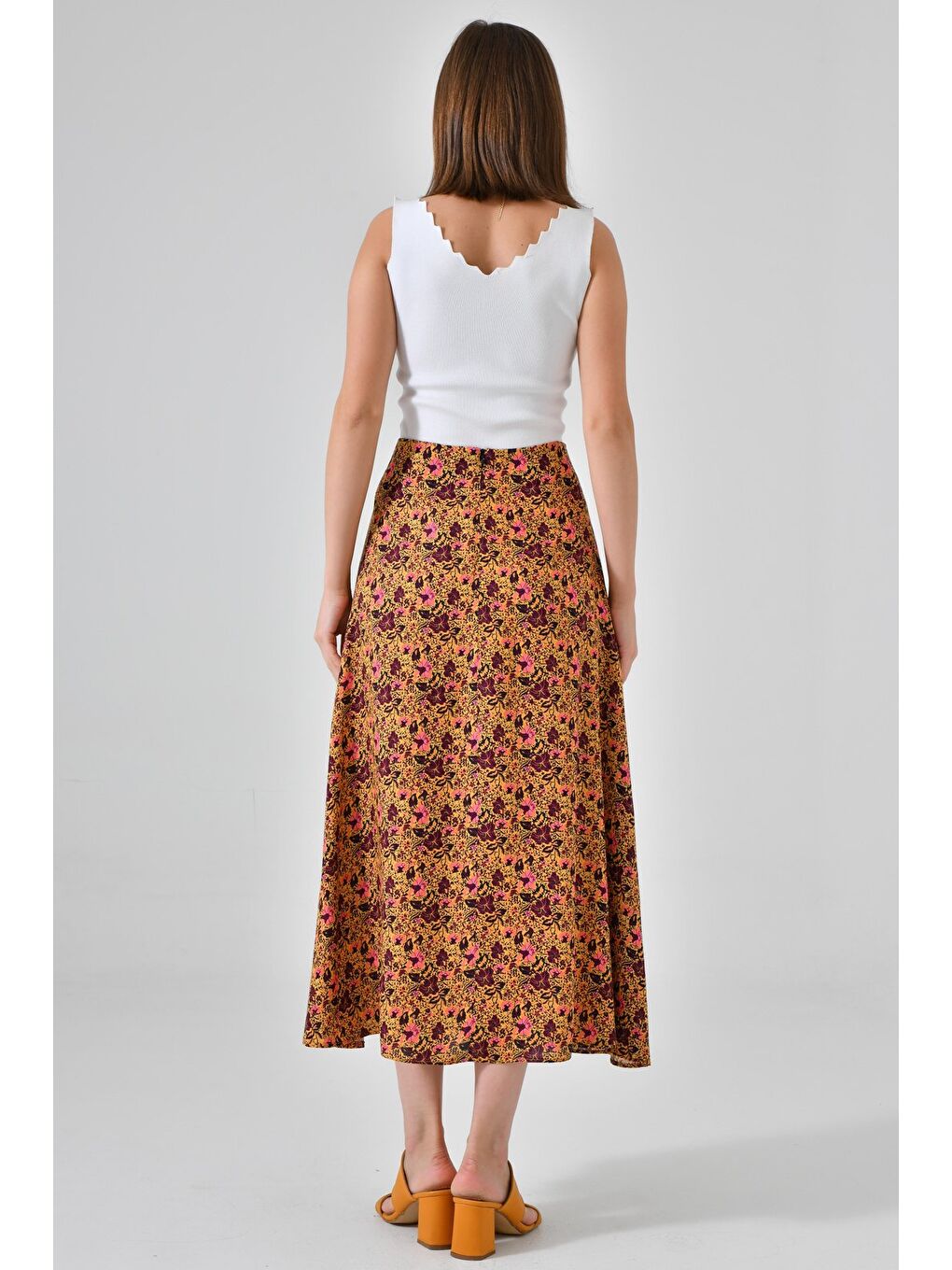 Sarı Çiçekli Kadın A Kesim Normal Bel Çiçek Desenli Midi Dokuma Etek - Viskon-6