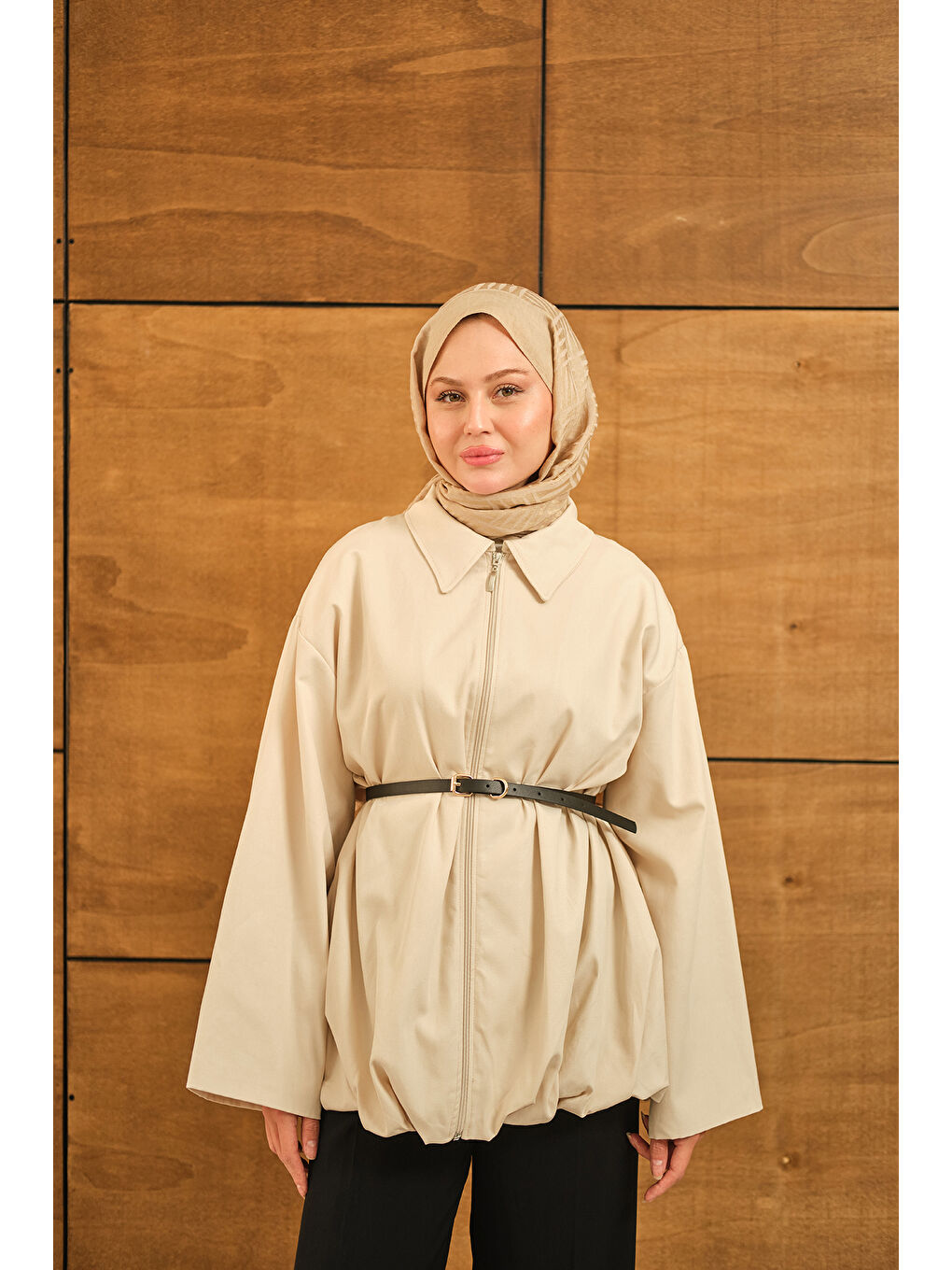 Ekru Kadın Pile Detay Gabardin Ceket Krem-3