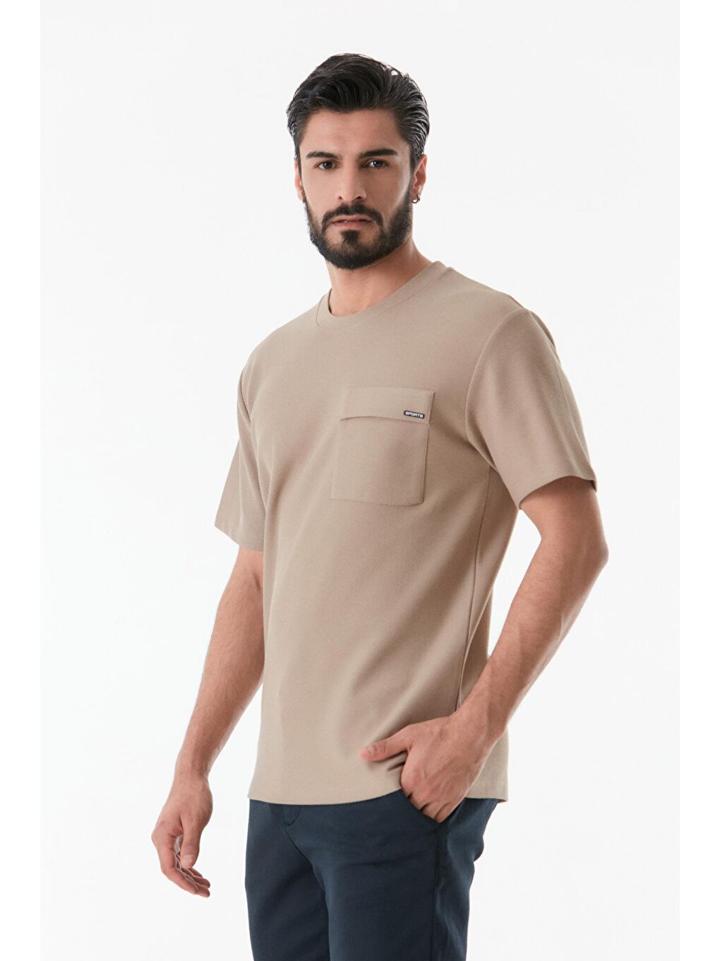 Bej Basic Cepli Bisiklet Yaka Tişört