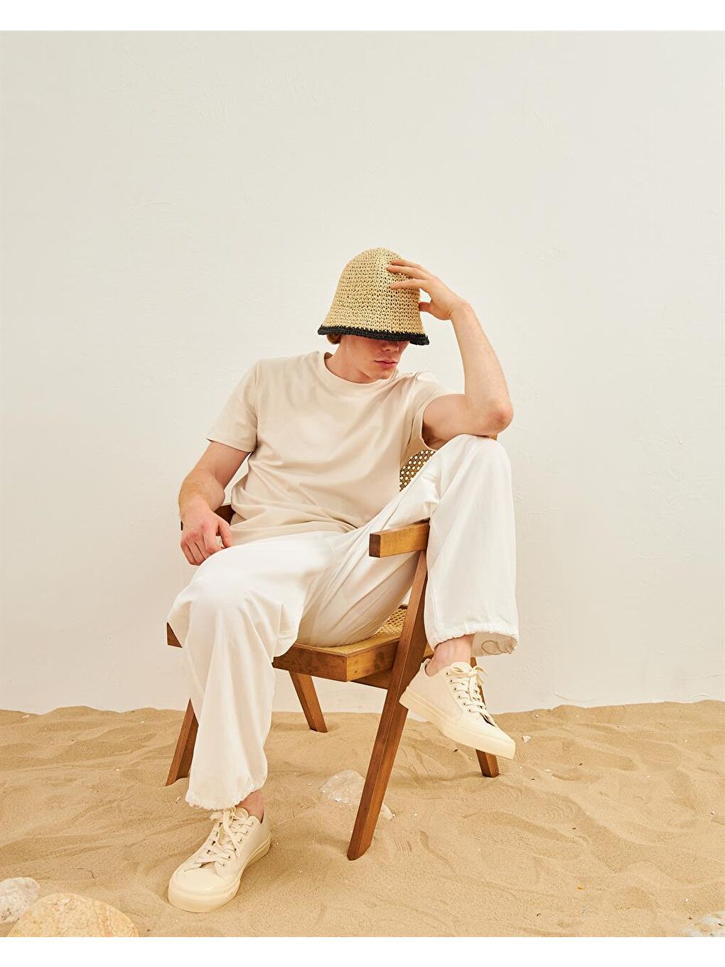 Erkek Basic %100 Pamuklu Bisiklet Yaka Tişört Bej-2