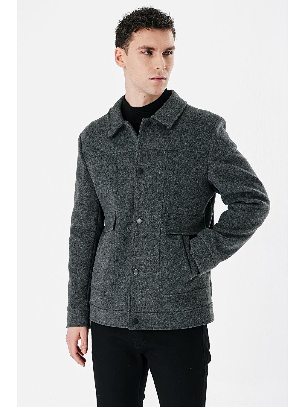 Koyu Antrasit Kaşe Kolej Yaka Astarlı Slim Fit Dar Kesim Casual Mont 1007235172