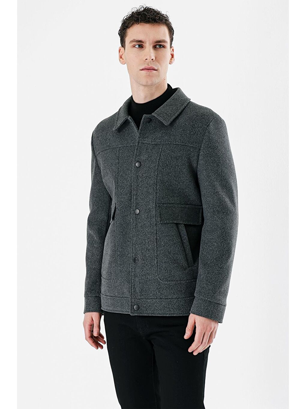 Koyu Antrasit Kaşe Kolej Yaka Astarlı Slim Fit Dar Kesim Casual Mont 1007235172-1