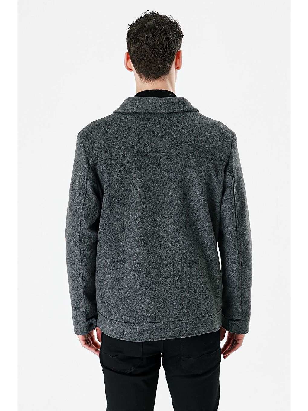 Koyu Antrasit Kaşe Kolej Yaka Astarlı Slim Fit Dar Kesim Casual Mont 1007235172-2
