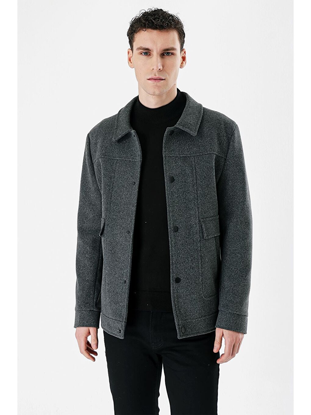 Koyu Antrasit Kaşe Kolej Yaka Astarlı Slim Fit Dar Kesim Casual Mont 1007235172-4