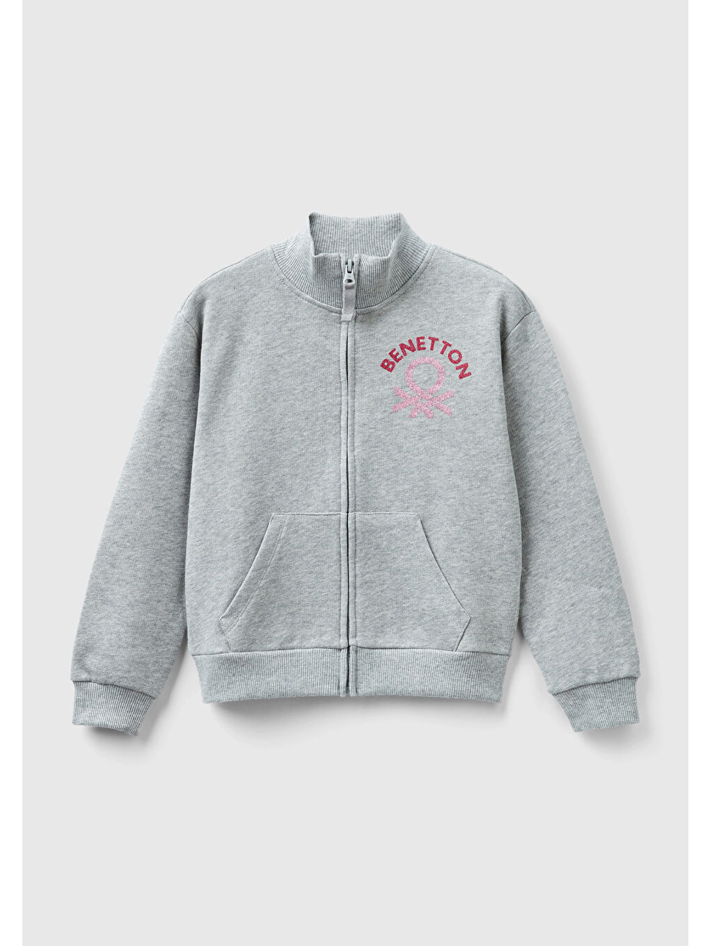 Kız Çocuk Gri Melanj Baskılı  Fermuarlı Sweatshirt