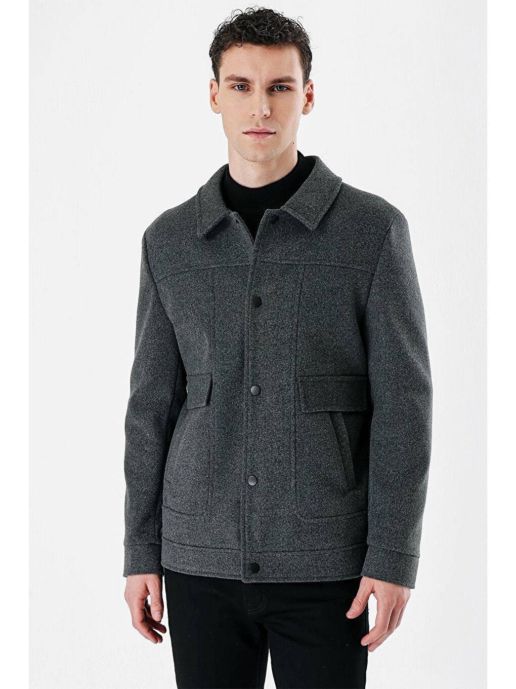 Koyu Antrasit Kaşe Kolej Yaka Astarlı Slim Fit Dar Kesim Casual Mont 1007235172-5