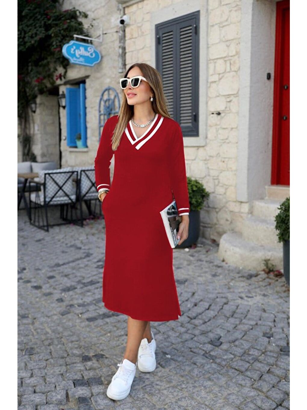 Kırmızı Kadın Uzun Kollu V Yakalı Yandan Yırtmaçlı Iki Iplik Midi Elbise-2