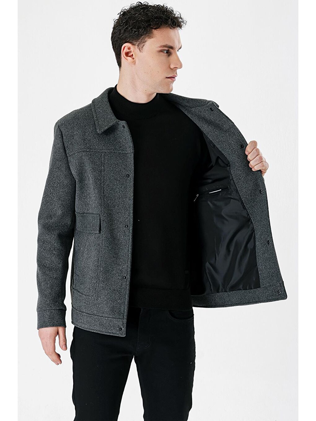 Koyu Antrasit Kaşe Kolej Yaka Astarlı Slim Fit Dar Kesim Casual Mont 1007235172-6