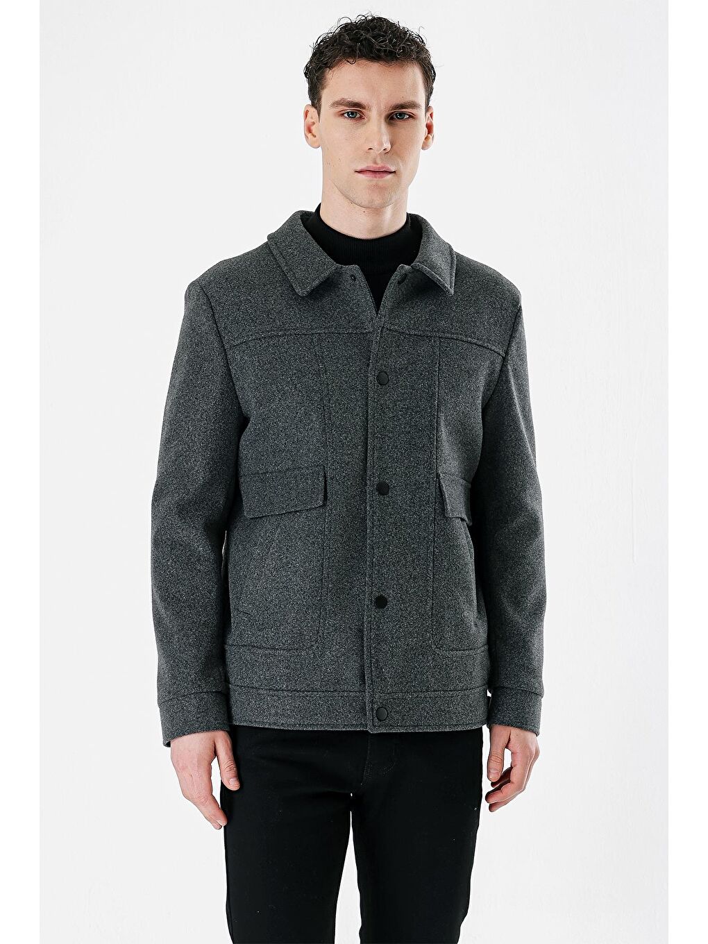Koyu Antrasit Kaşe Kolej Yaka Astarlı Slim Fit Dar Kesim Casual Mont 1007235172-8