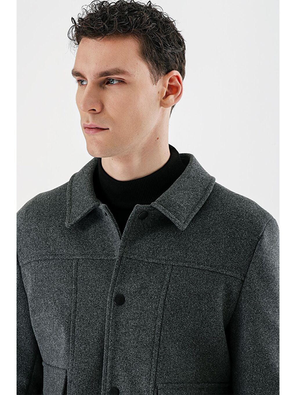 Koyu Antrasit Kaşe Kolej Yaka Astarlı Slim Fit Dar Kesim Casual Mont 1007235172-9