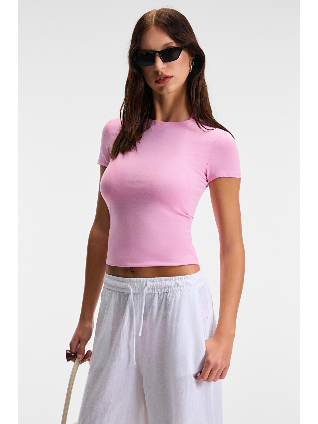 Tarelıa Kadın Bisiklet Yaka Kısa Kollu Slim Pembe T-shirt-1