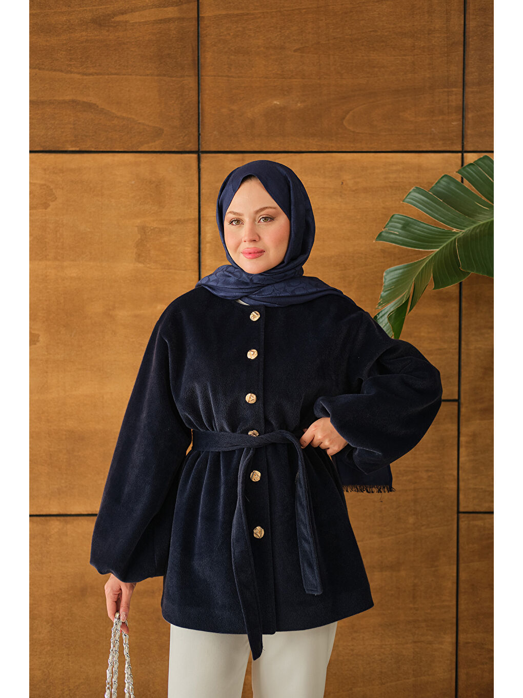 Kadın Beli Lastikli Tüylü Ceket Lacivert-2