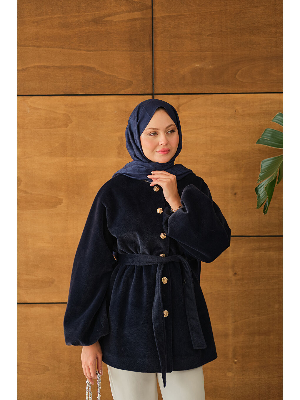 Kadın Beli Lastikli Tüylü Ceket Lacivert-3