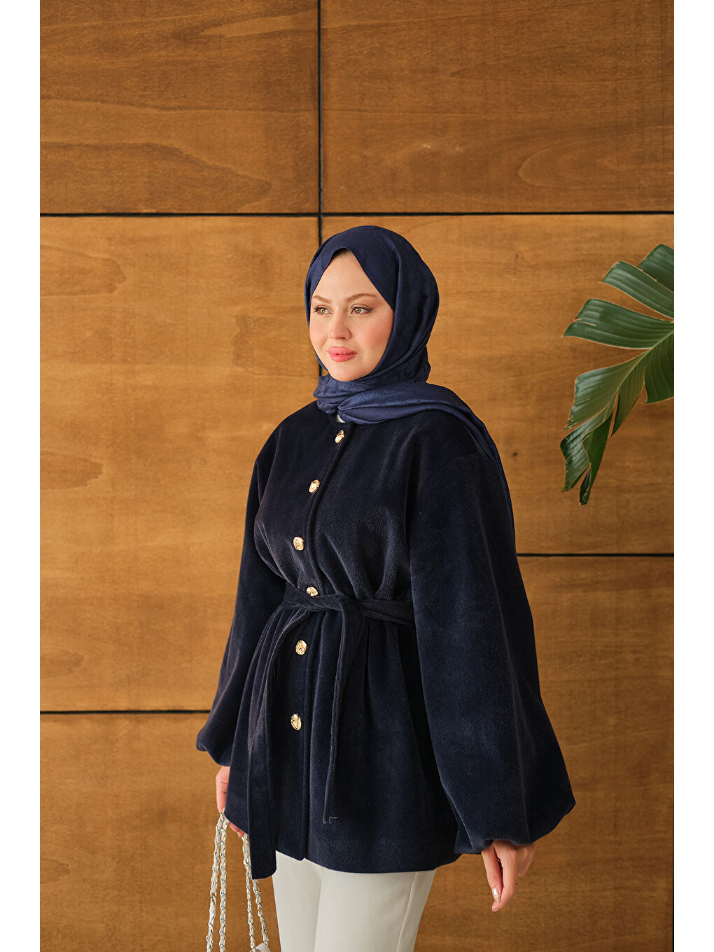 Kadın Beli Lastikli Tüylü Ceket Lacivert-4