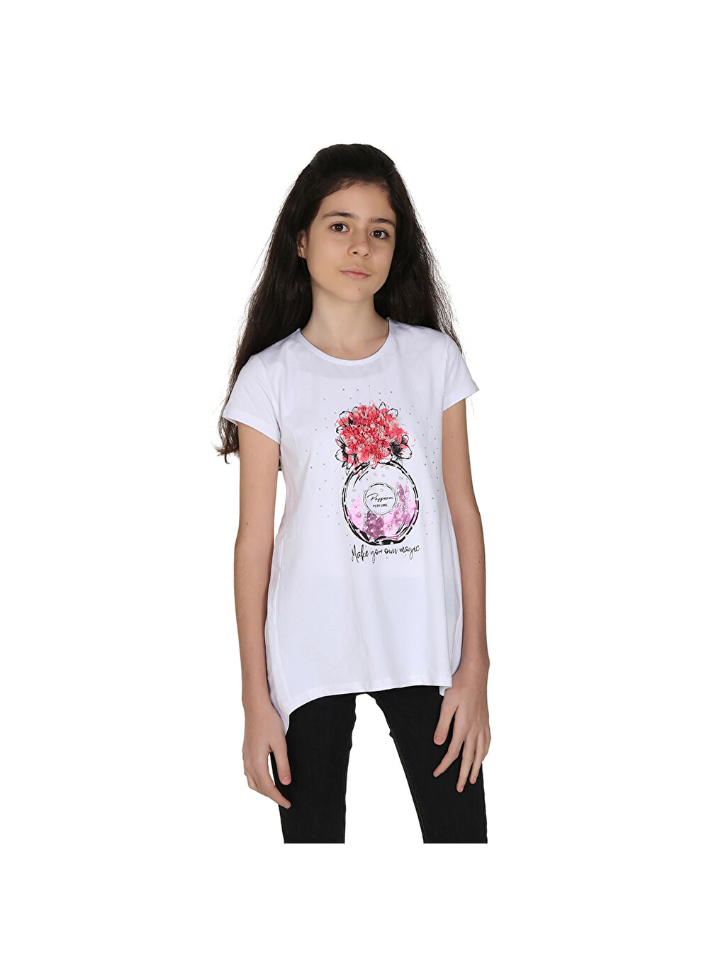 Beyaz Kız Çocuk Parfüm Nakışlı T-Shirt