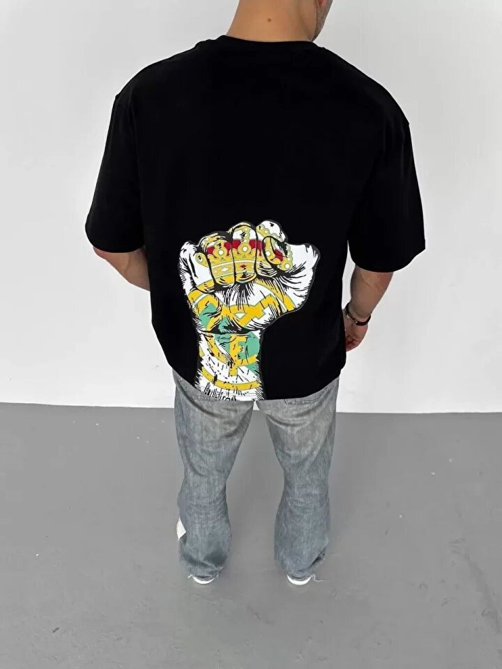 Unisex Bisiklet Yaka Baskılı Oversize T-Shirt - Siyah-1