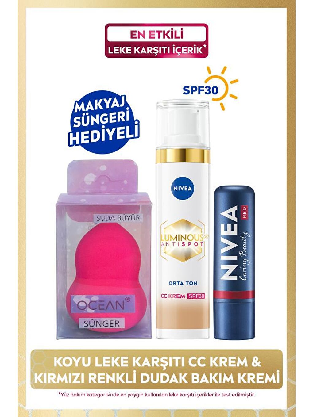 NIVEA Şeffaf Luminous630 Leke Karşıtı CC Krem SPF30 40ml, Orta Ton, Kırmızı Dudak Bakım Kremi, Sünger Hediye