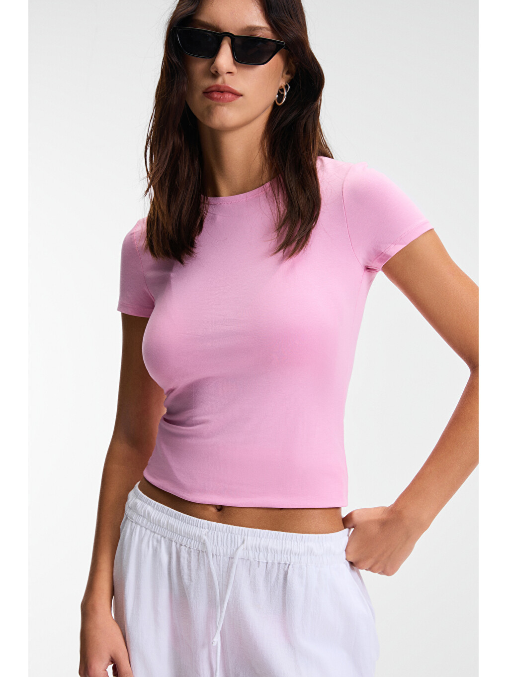 Tarelıa Kadın Bisiklet Yaka Kısa Kollu Slim Pembe T-shirt-2