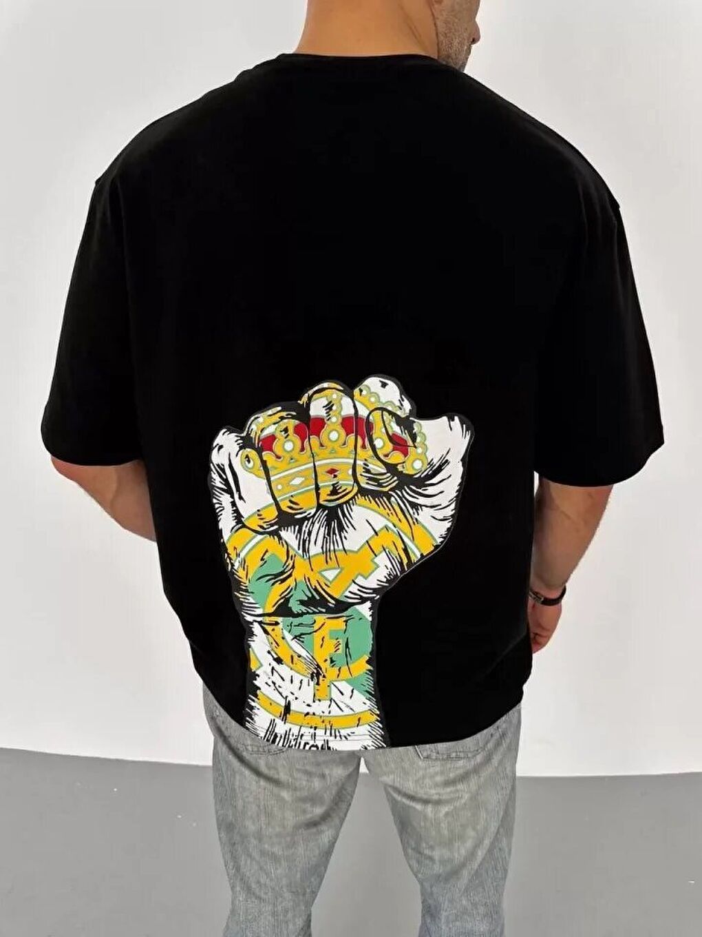 Unisex Bisiklet Yaka Baskılı Oversize T-Shirt - Siyah-2