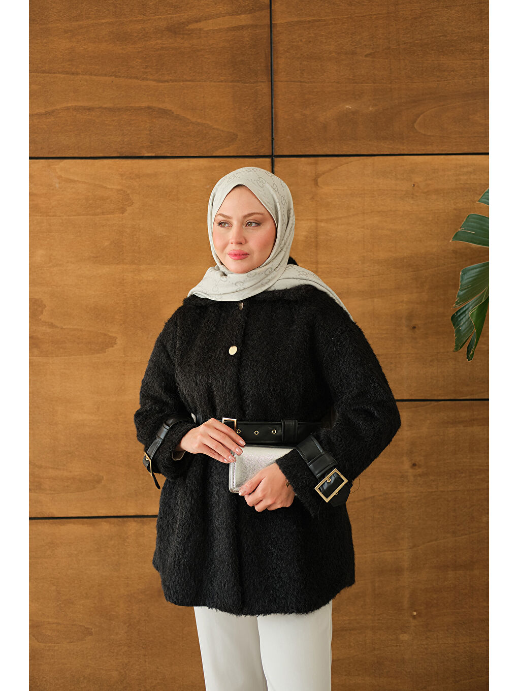 Kadın Gold Düğme Detay Kemerli Ceket Siyah-2