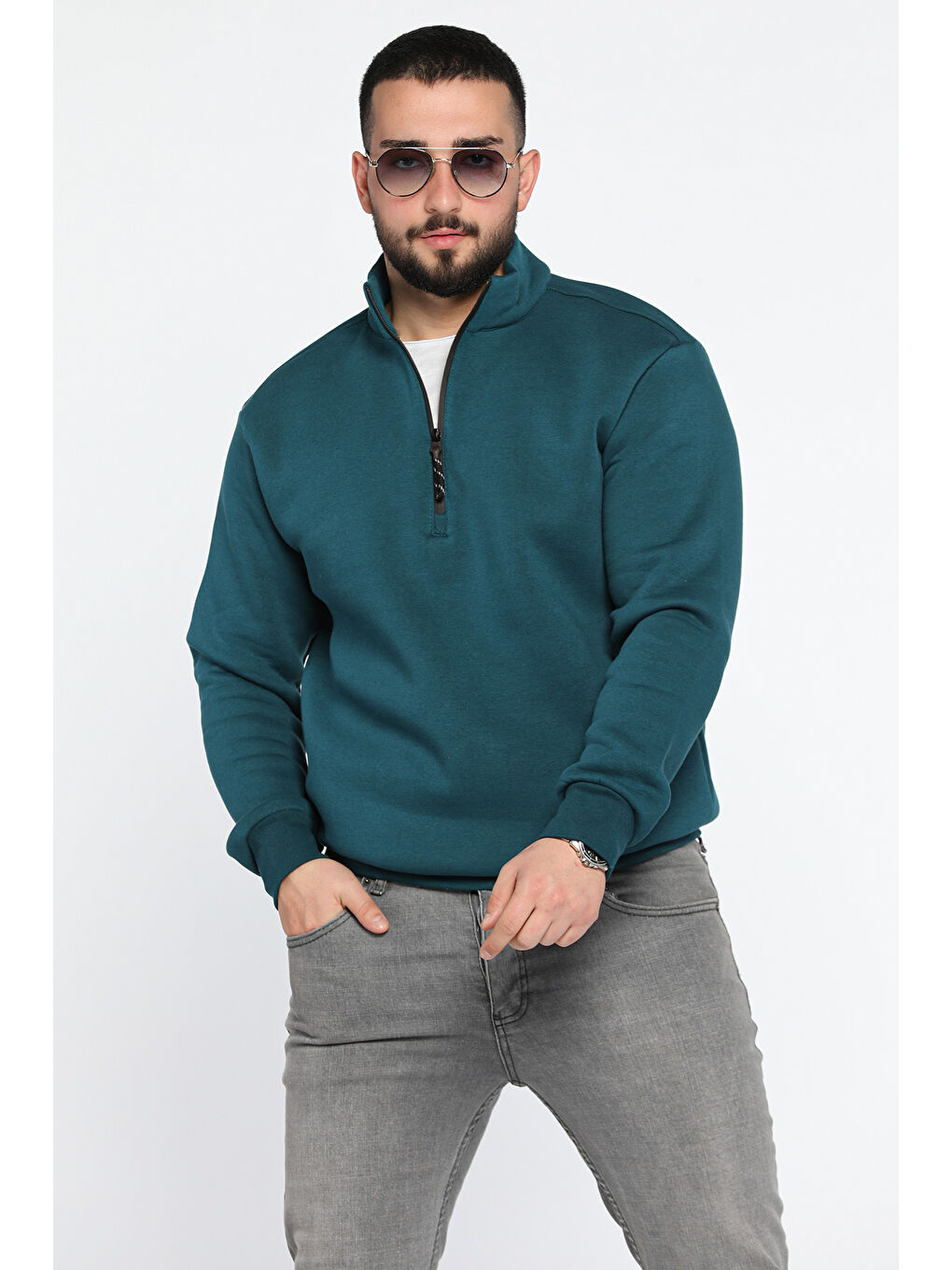 Mishar İtalia Yeşil Erkek Yarım Balıkçı Yaka Şardonlu Fermuarlı Sweatshirt