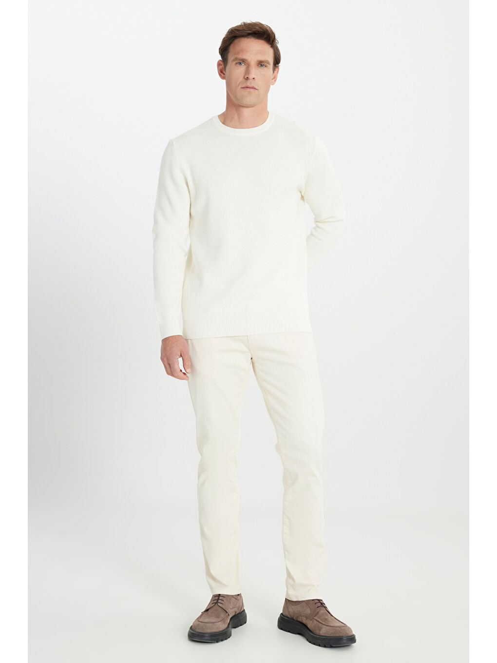 Erkek Ekru Bisiklet Yaka Triko Kazak-1