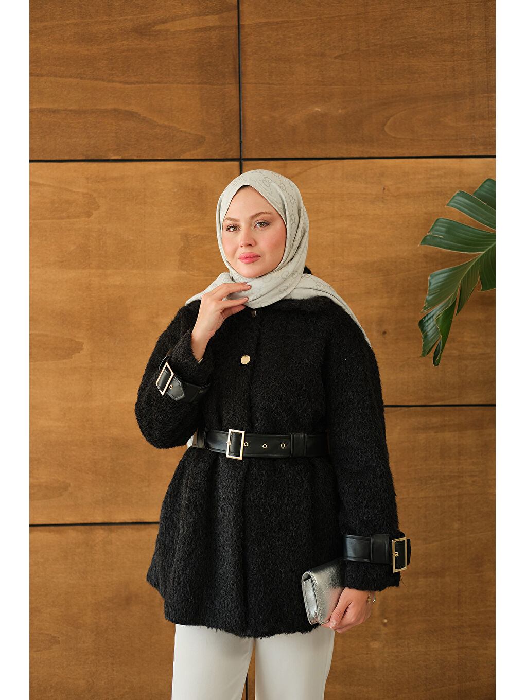 Kadın Gold Düğme Detay Kemerli Ceket Siyah-3