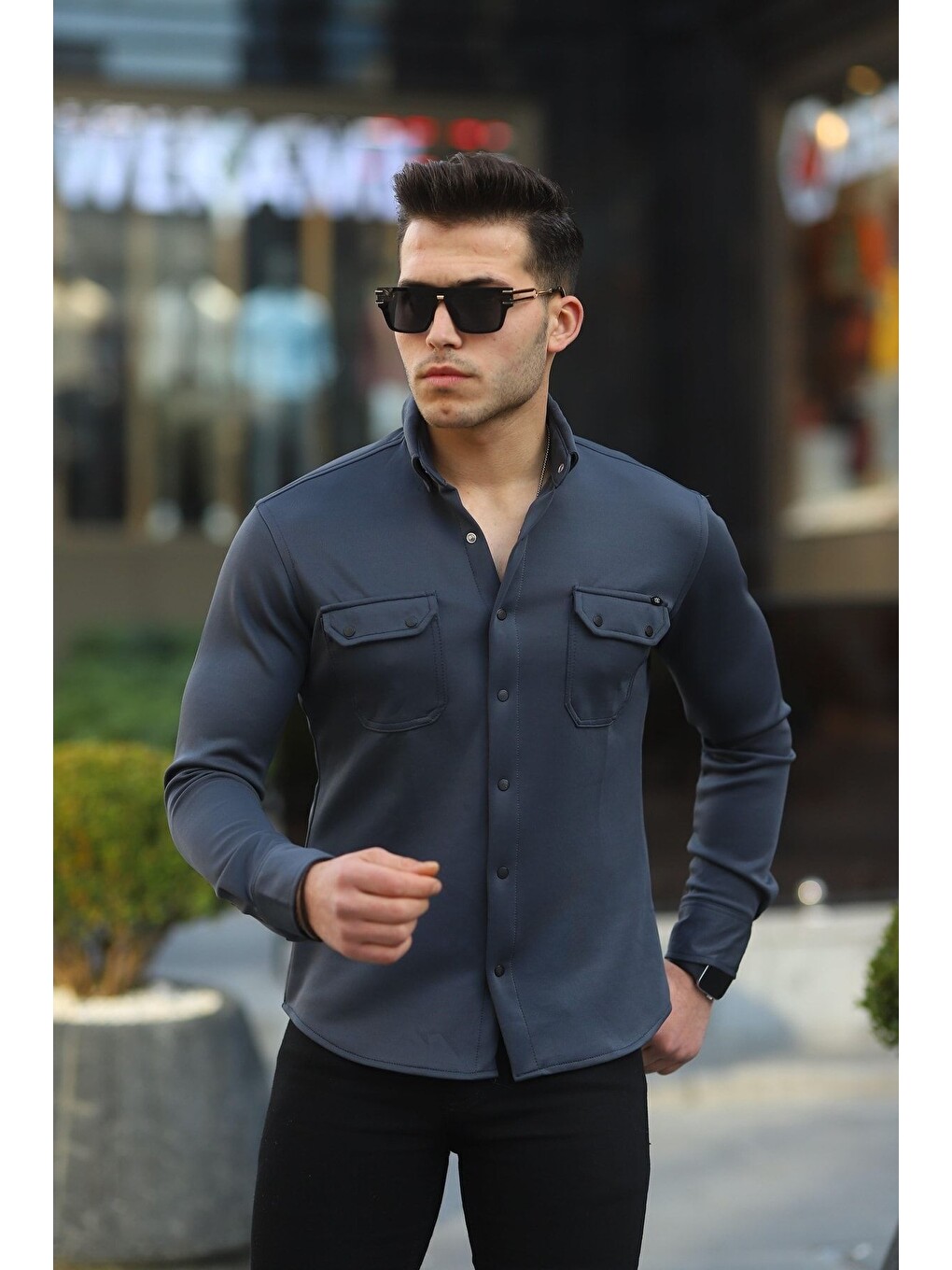 Gri Erkek Slim Fit Scuba Gömlek