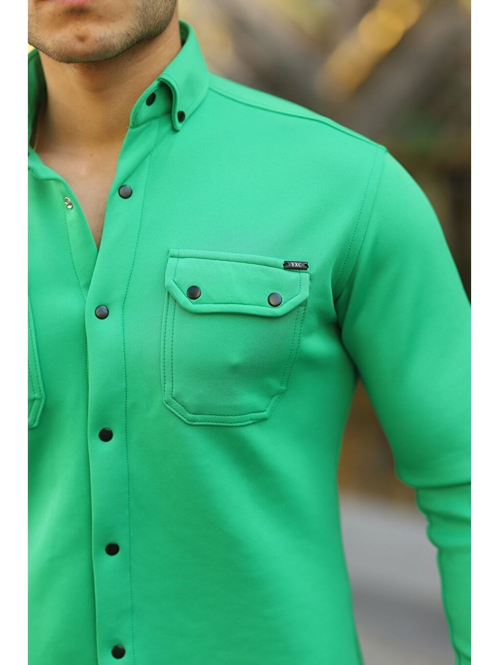 Yeşil Erkek Slim Fit Scuba Gömlek-1