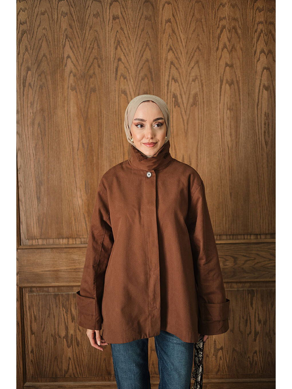 Kadın Dik Yaka Gabardin Ceket Kahverengi-1