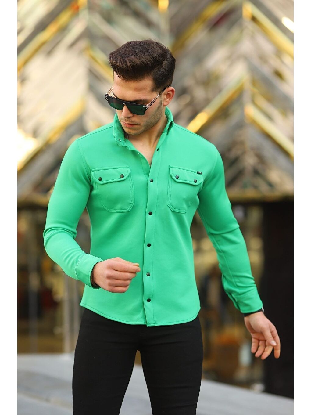 Yeşil Erkek Slim Fit Scuba Gömlek-2