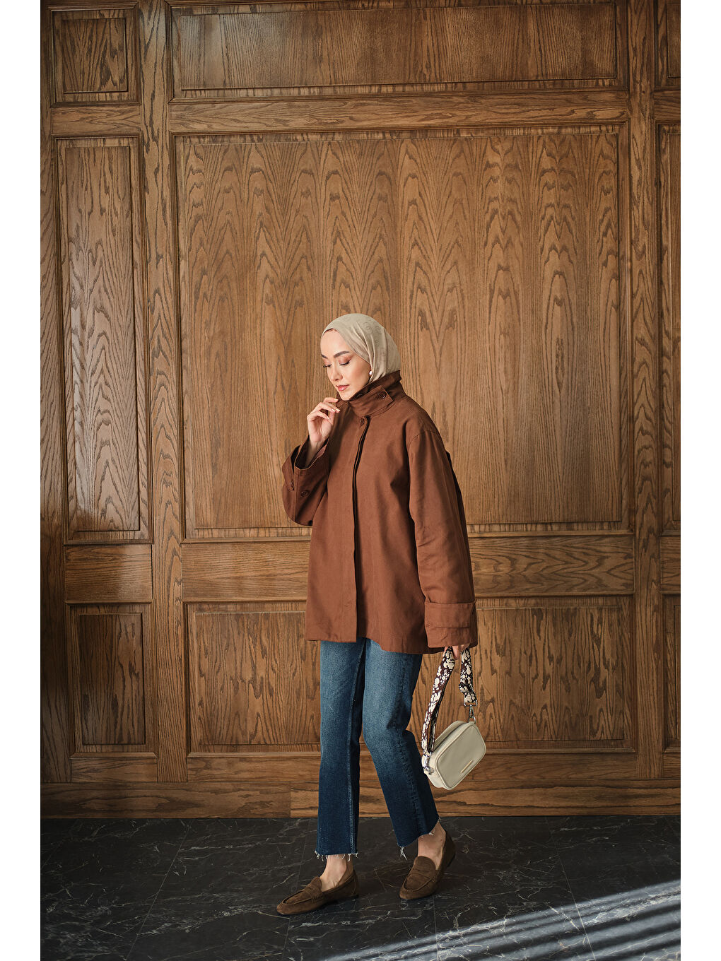 Kadın Dik Yaka Gabardin Ceket Kahverengi-2