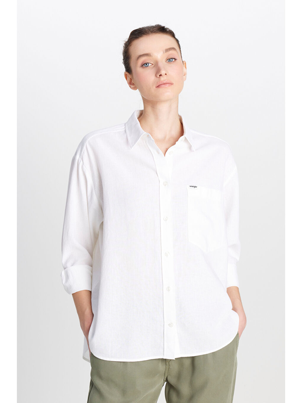 Relaxed Fit Geniş Kesim Keten Karışımlı Beyaz Gömlek