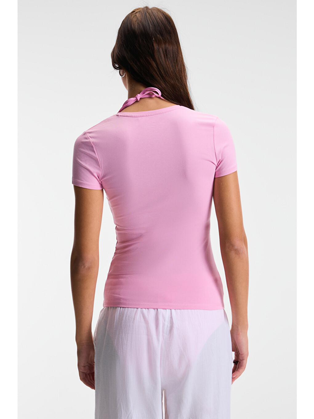 Tarelıa Kadın Bisiklet Yaka Kısa Kollu Slim Pembe T-shirt-4